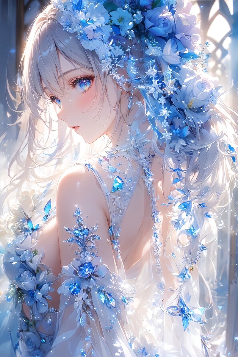 蒼月の結晶庭園

空にいちばん近い場所に、夜しか咲かない庭園があった。  
そこは土の代わりに水晶の砂が敷かれ、枝の代わりに硝子の蔓が伸び、花々は季節ではなく月の満ち欠けによって咲き変わる、天上の庭だった。

その庭園の奥、青い光を湛えた大聖堂に、ひとりの娘が住んでいた。