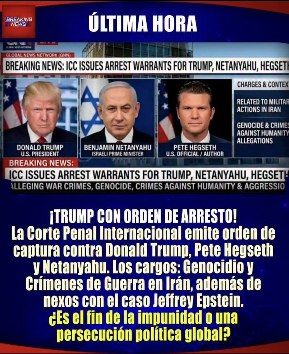 La CPI ha emitido una orden de arresto oficial contra el presidente de los EE.UU Trump. La resolución también incluye al Secretario de Defensa, Pete Hegseth, y al primer ministro israelí, Benjamin Netanyahu. la Corte alega Crímenes de Guerra, Crímenes contra la Humanidad etc.