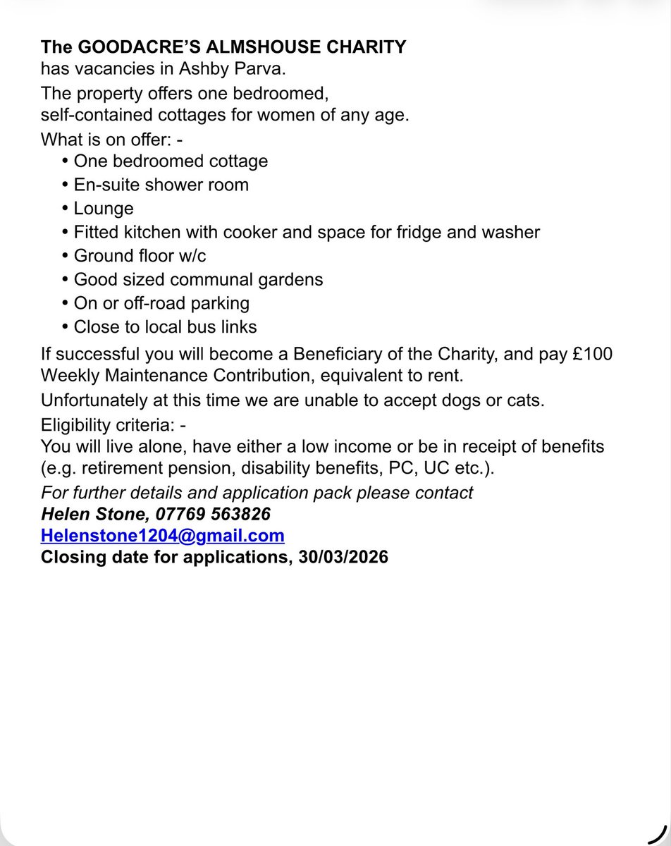 LutterworthTC's tweet photo. The Goodacre’s Almshouse Vacancy. For all information contact Helen Stone on details below. https://t.co/UbaTCimWR7