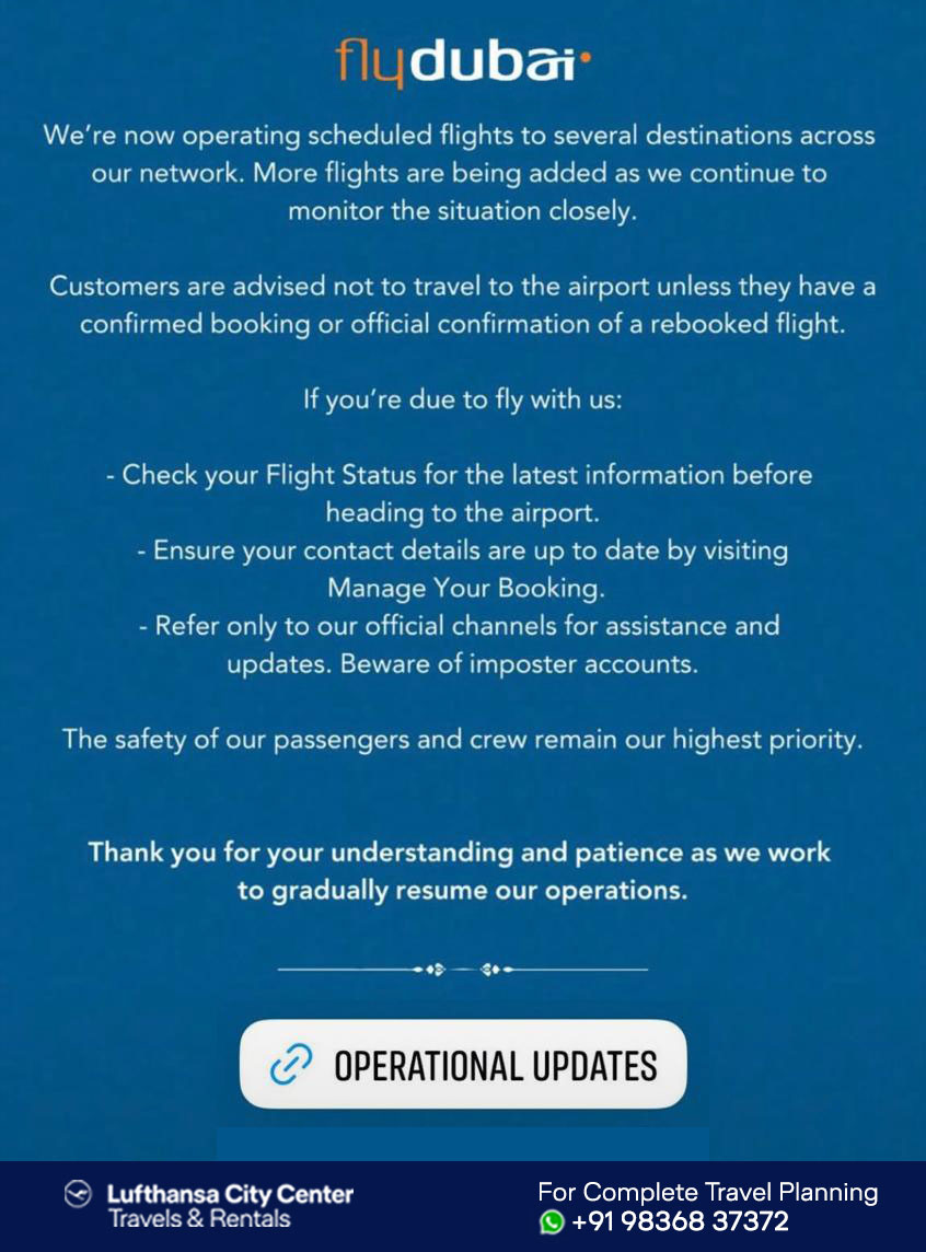 LCC_TnR's tweet photo. Flydubai is progressively restoring flight operations to several destinations.
✔ Check flight status before leaving for the airport
✔ Travel only with confirmed bookings
✔ Follow official channels
For more assistance, connect with us. 
#TravelAlert #FlyDubai #FlightUpdates https://t.co/sBV3A7By0u