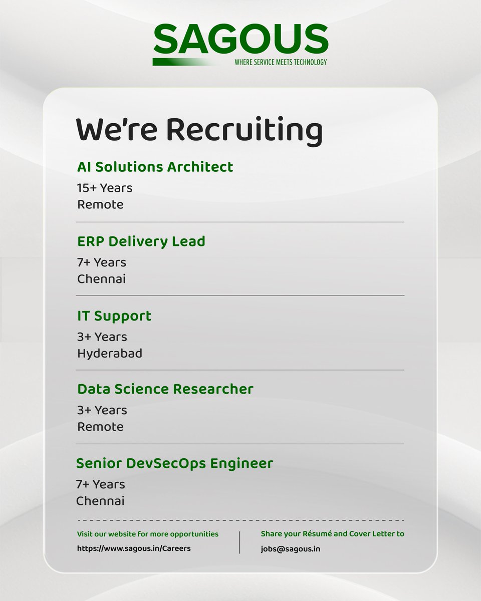 Sagoussoftware's tweet photo. We're recruiting! 

AI Solutions Architect, ERP Delivery Lead, IT Support, Data Science Researcher, Senior DevSecOps Engineer. 

Apply: jobs@sagous.in 

Visit: https://t.co/cgkxUqGGrP

#NowHiring #AIJobs #CloudComputing #DevSecOps #DataScienceJobs #TechJobs #ERPJobs #TechCareers https://t.co/e1bRtwy8Pu