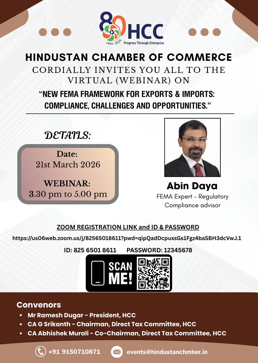hindcham's tweet photo. 🌐 New FEMA Framework for Exports &amp; Imports 🌐
Compliance, challenges &amp; opportunities with Abin Daya.
🗓️ 21 Mar | ⏰ 3:30–5 PM | 📍 Online
#FEMA #Exports #Imports #hindustanchamber #Webinar https://t.co/ESzTxWbWfM