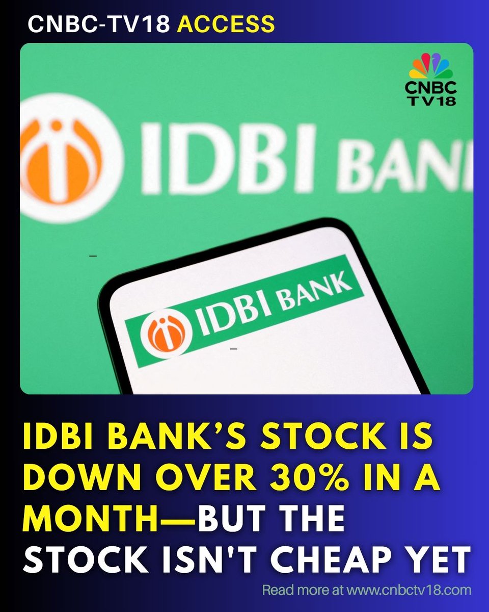 CNBCTV18News's tweet image. #CNBCTV18Access | #IDBIBank shares drop nearly 16% after the Centre scraps its divestment plan, and are down over 30% in a month, trading at about 1.5 times book value.

However, the valuation may still not be compelling.

By @iyer_sriram  &amp;amp; @GJ_025 | #CNBCTV18Market