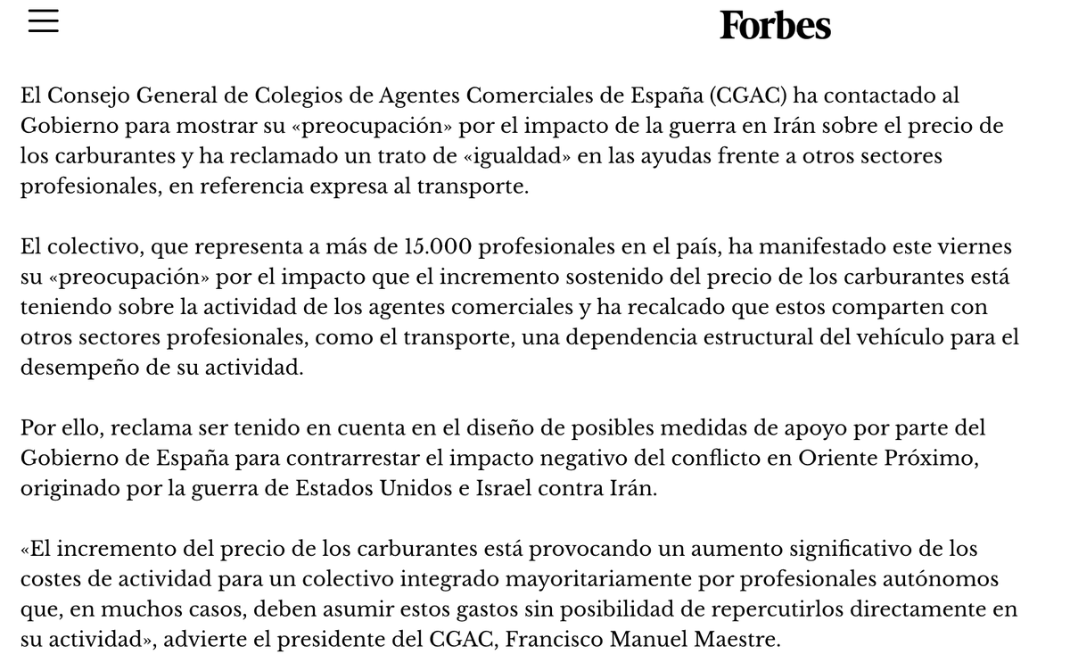 En <a href="/Forbes_es/">Forbes_es</a> se hacen eco de nuestros planteamientos: Los agentes comerciales piden al Gobierno «igualdad» frente al transporte en las ayudas por la guerra en Irán forbes.es/economia/88973…
