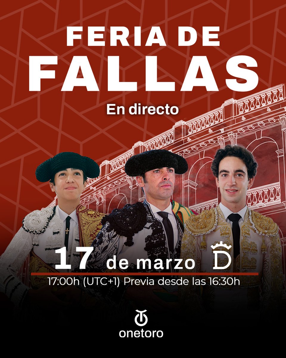 OneToroTV's tweet photo. 𝓥𝓪𝓵𝓮𝓷𝓬𝓲𝓪 𝓮𝓷 𝓕𝓪𝓵𝓵𝓪𝓼🔥

Por tercer año consecutivo, OneToro emite la primera gran feria de la temporada

🗓️ Martes 17 de marzo
Toros de Santiago Domecq para Miguel Ángel Perera, Víctor Hernández y Marco Pérez.

🗓️  Miércoles 18 de marzo
Toros de Domingo Hernández para Borja Jiménez y Tomás Rufo, mano a mano.

🗓️  Jueves 19 de marzo
Toros de Núñez del Cuvillo para Alejandro Talavante, Emilio de Justo y Juan Ortega

🔴 Toros en directo para todo el mundo en la televisión de los toros