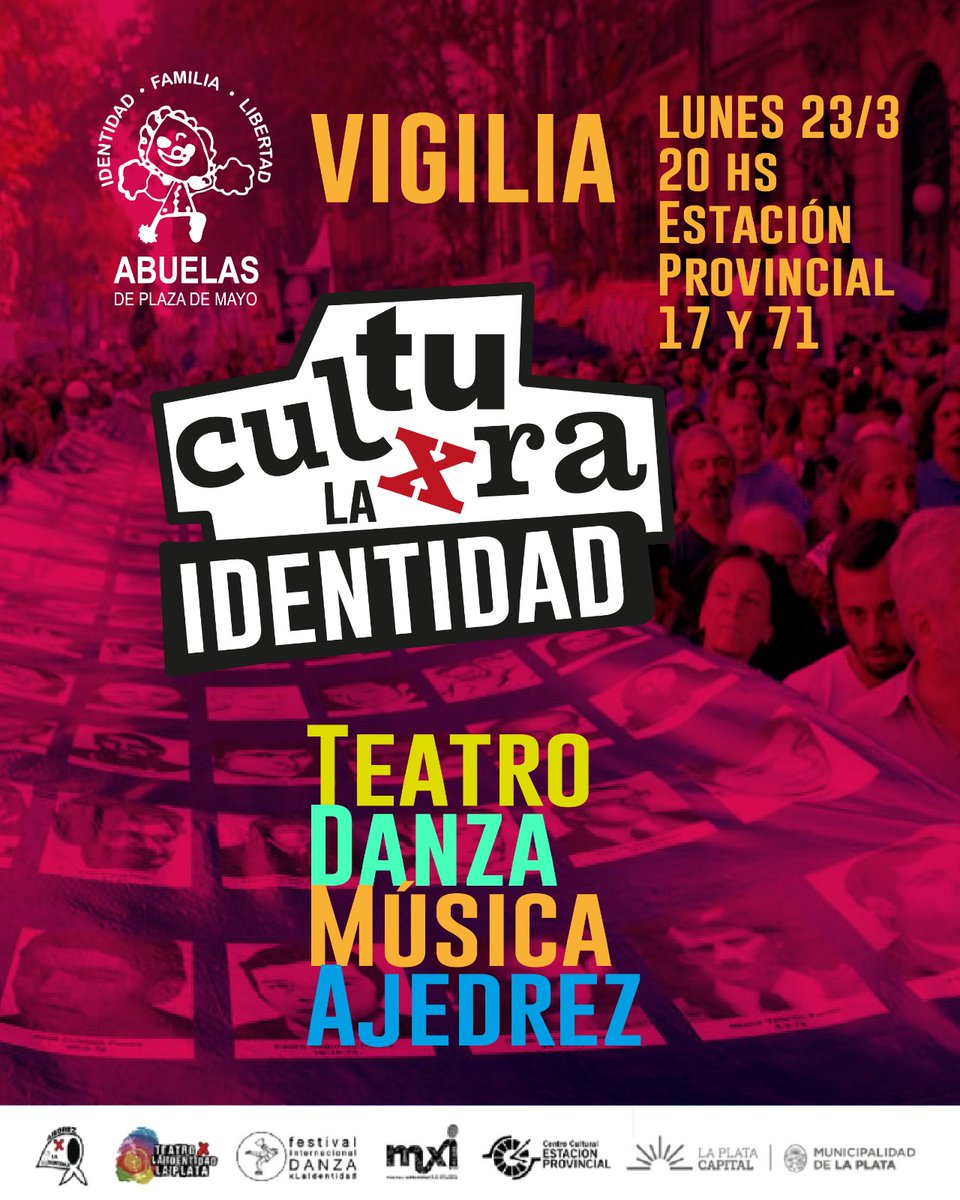 mxilaplata's tweet photo. VIGILIA X LA MEMORIA
🎭 Teatro | 💃 Danza | 🎸 Música | ♟️ Ajedrez 
🔥 La cátedra de Grabado Facultad de Artes estará imprimiendo pañuelos. Traé tu remera
📍 Centro Cultural Estación Provincial - 17 y 71
🗓 Lunes 23/3 - 20:00 hs
A 50 años, seguimos buscando a quienes faltan https://t.co/2AkdeCV3ZJ