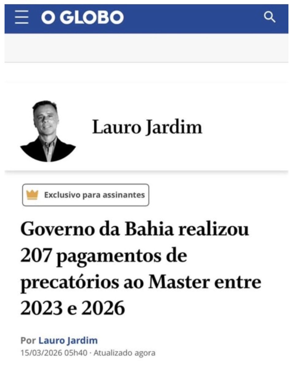 Eu avisei que o embrião de toda corrupção do Banco Master vem da engenharia malévola da cabeça de Jaques Wagner e Rui Costa! 
Depois Lula entrou no esquema….