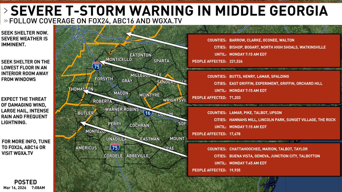 WGXAnews's tweet image. A new SEVERE T-STORM WARNING has been issued in Middle Georgia. Stay tuned to @WGXANews for updates. #gawx #gawxcond