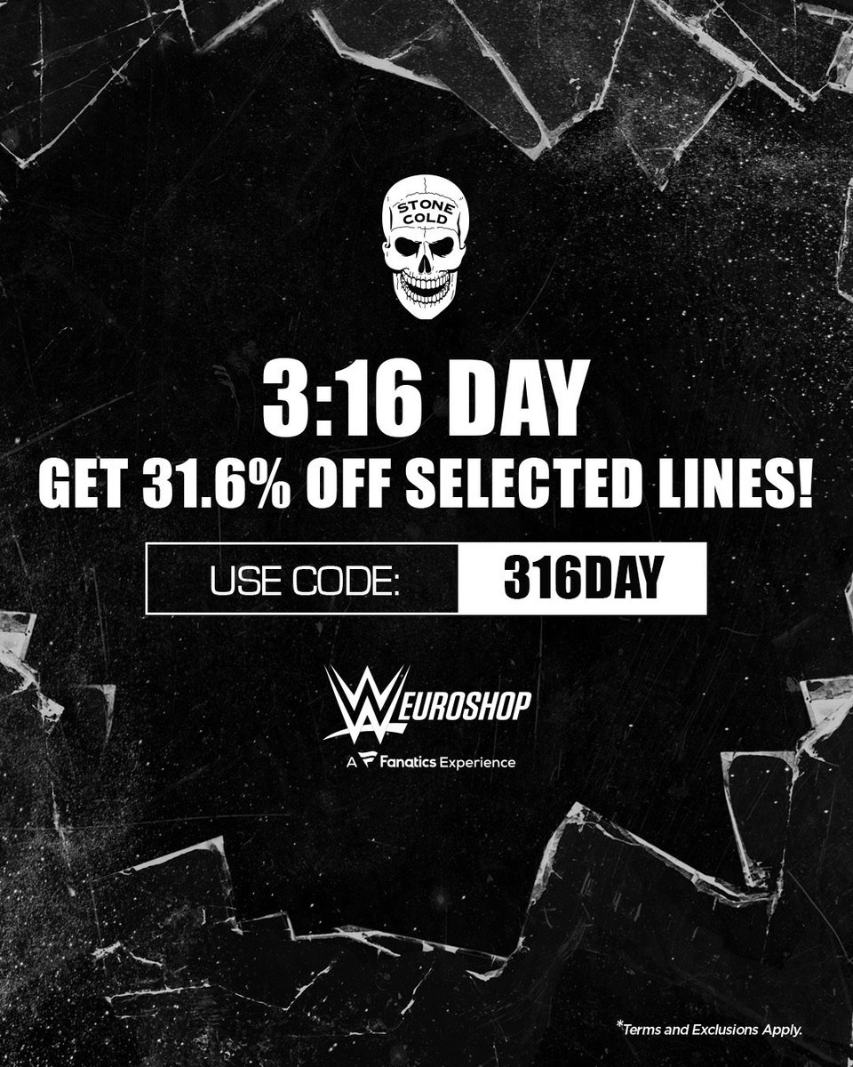 WWEUK's tweet image. 💀 🍻 Celebrate #316Day with 31.6% Off at #WWEEuroshop! Use Code: 316DAY 

👉 euroshop.wwe.com/en/stone-cold-…