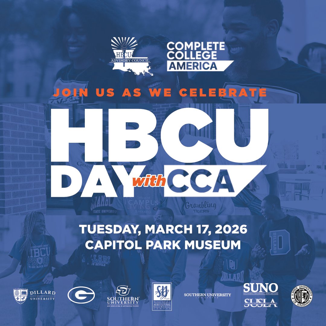 TOMORROW!  Join the HBCU Advisory Council and students from Louisiana's eight HBCUs for the #LaHBCUDay Celebration from 5-7 PM at the Capitol Park Museum!

<a href="/du1869/">Dillard University</a>
<a href="/Grambling1901/">Grambling State Univ</a>
<a href="/SouthernU_BR/">Southern University</a>
<a href="/suagcenter/">SU Ag Center</a>
<a href="/SouthernULaw/">SU Law Center</a>
<a href="/SUNOKnights/">Southern U. at N.O.</a>
<a href="/SUShreveport/">SUSLA</a>
<a href="/XULA1925/">Xavier Univ. of LA</a>
<a href="/CompleteCollege/">Complete College America | CCA</a>
