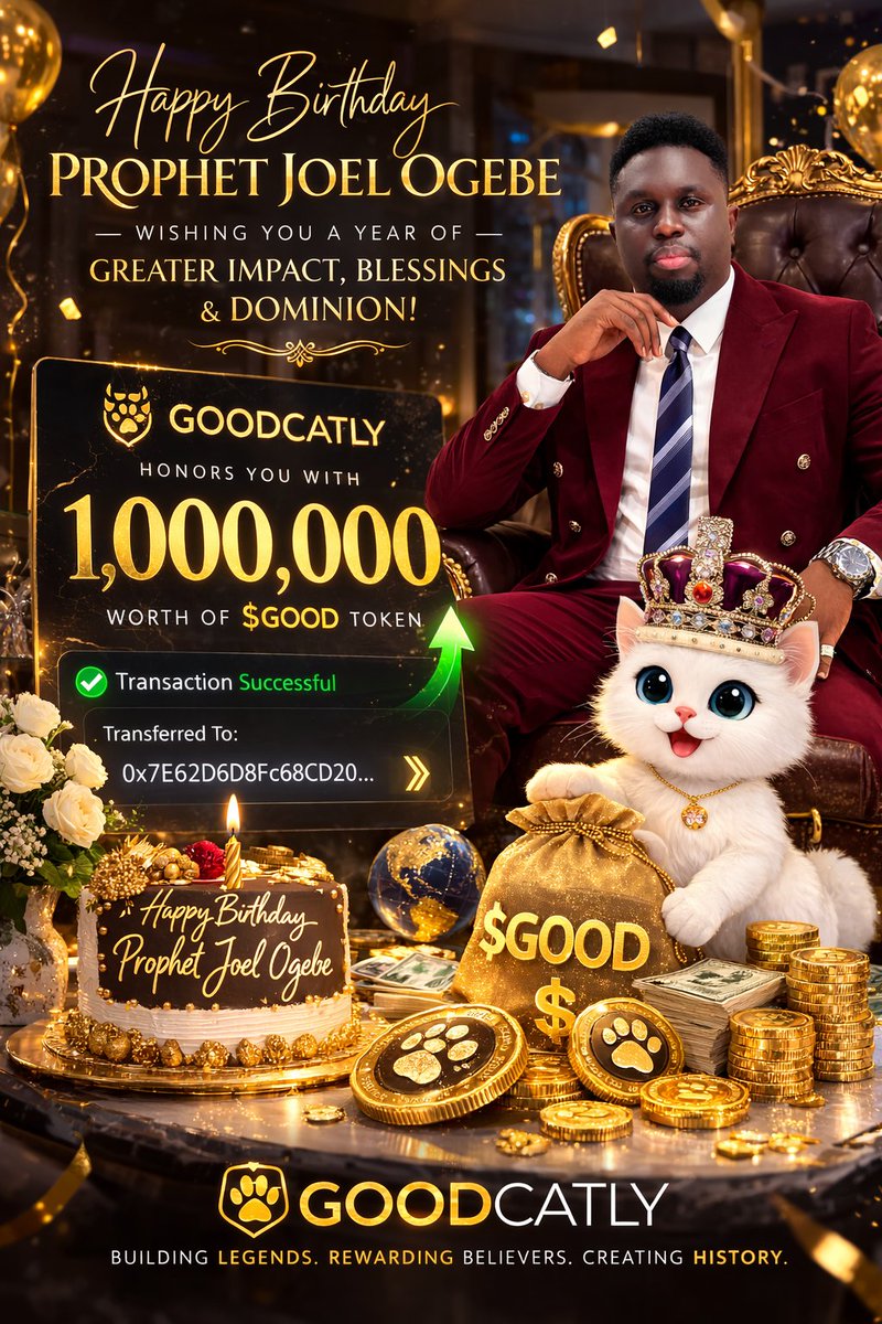 goodcatly's tweet photo. Happy Birthday Prophet Joel Ogebe 👑

From the kingdom of Goodcatly, we celebrate a man of vision, grace and impact.
May this new year bring you greater influence, greater wealth and unstoppable victories.

With honor,
Goodcatly https://t.co/TylyesjWl0