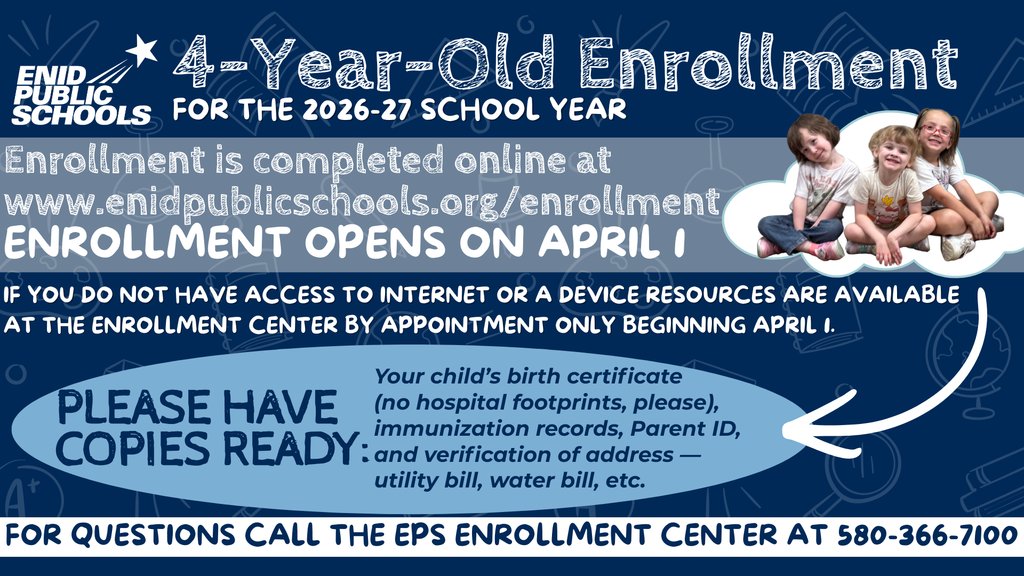 enidhigh580's tweet photo. Reminder! Enid Public Schools 4-year-old enrollment for the 2026-27 school year opens April 1!

Enrollment is completed online at https://t.co/FltVRDUyml. https://t.co/5GqO2x7SdF