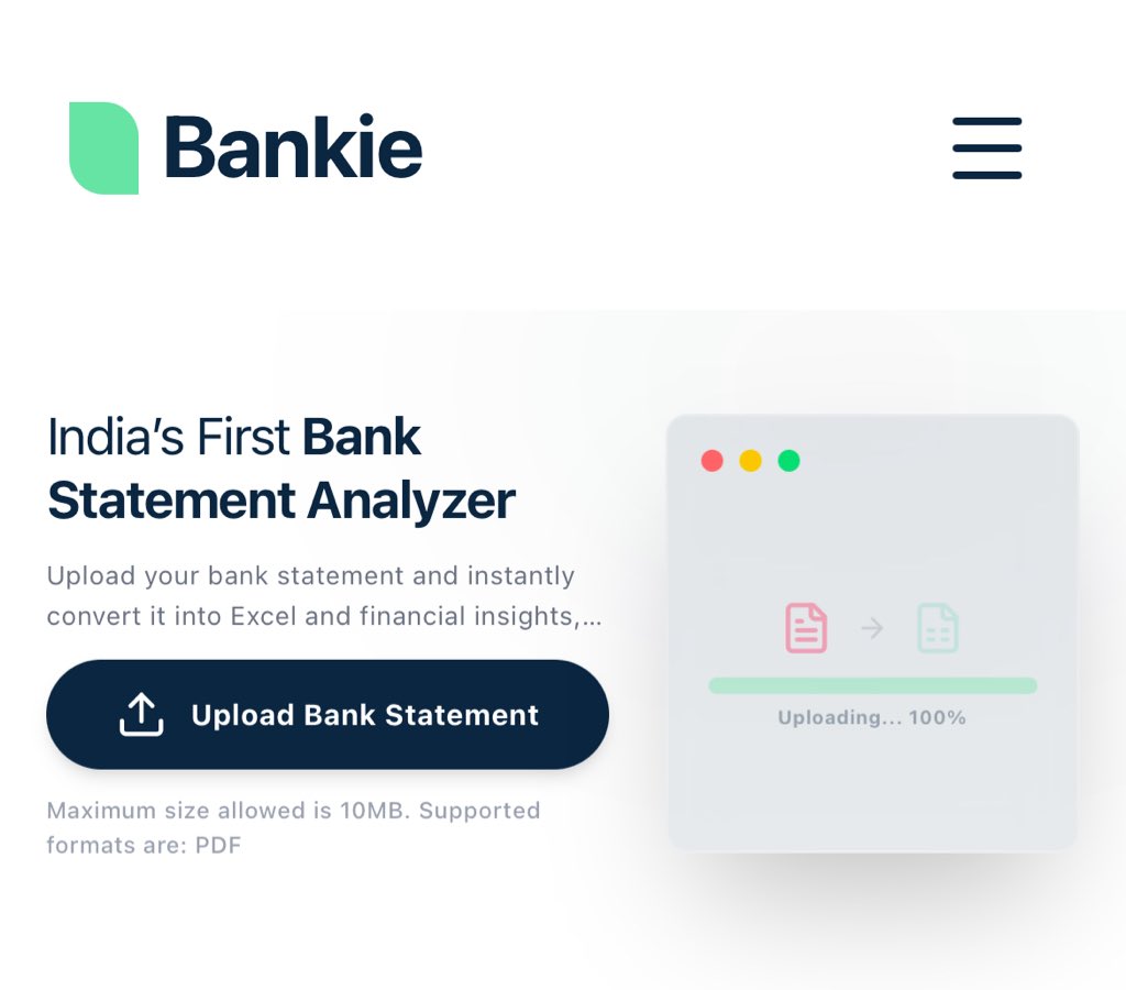 itzashish007's tweet image. 🚀 Introducing Bankie – Bank Statement Analyser made for India 🇮🇳
✅ Upload your statement
✅ Track spending instantly
✅ Get clear insights
No more confusion. Just clarity 💡

👉 bankie.xyz

#Bankie #IndianFintech #PersonalFinance #StartupIndia