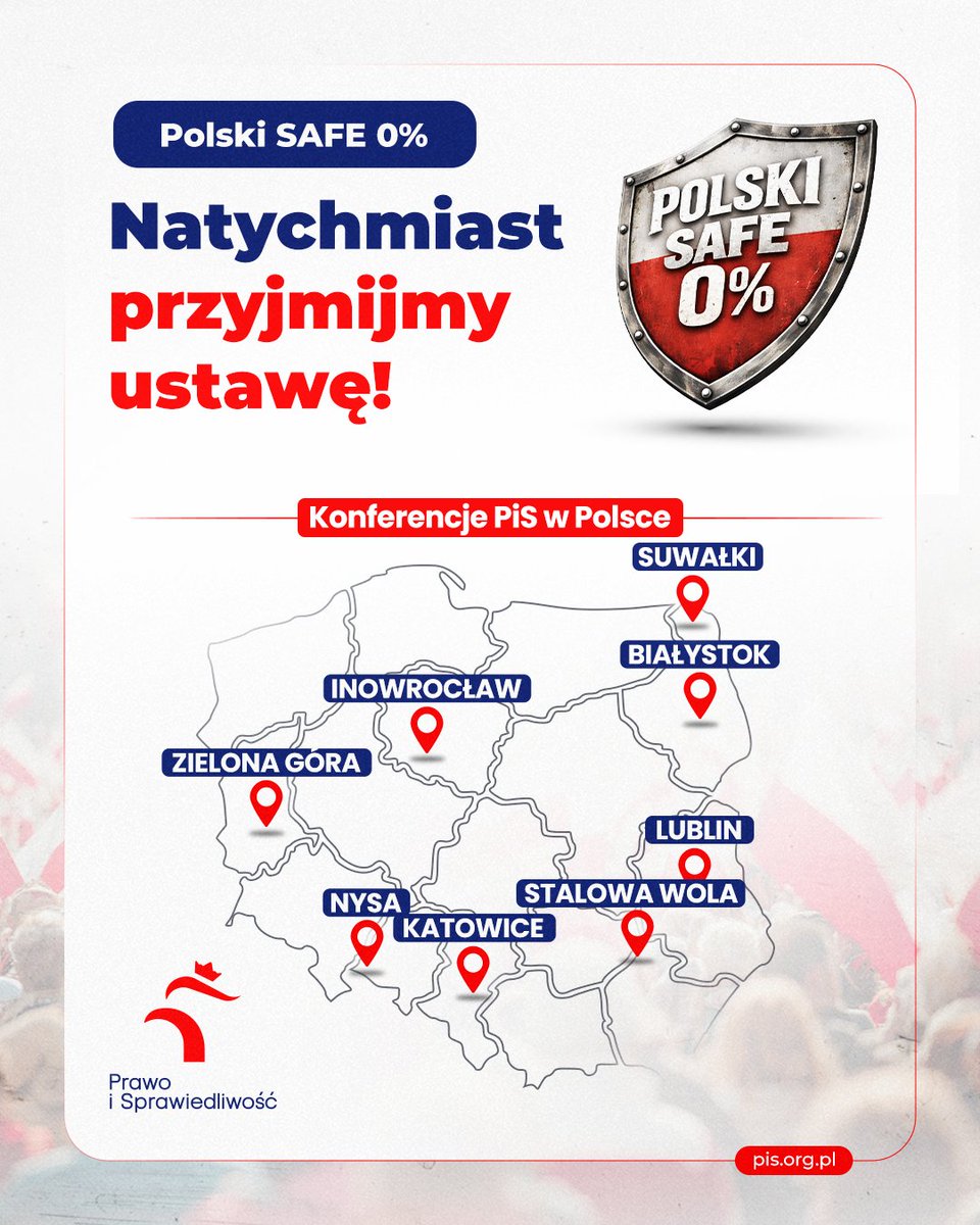 ‼️ Natychmiast przyjmijmy ustawę Polski SAFE 0%! Prawo i Sprawiedliwości podczas konferencji w różnych miastach w Polsce mówi o tym, dlaczego to jest ważne dla naszego bezpieczeństwa.
📍 Zobacz, gdzie jesteśmy. 🔁 Udostępnij.