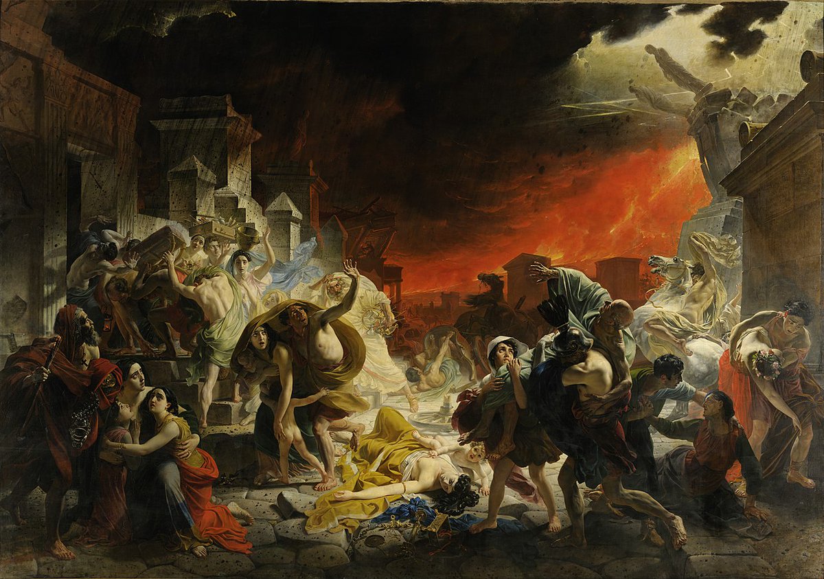 🧵 1/14: Picture yourself in the Bay of Naples, south of Rome on the west coast of Italy. It's late in the summer of AD 79 when a massive cloud rises high into the sky from above the nearby mountain, then ash rains like snow, and the ground shakes as if the gods are angry. 

The