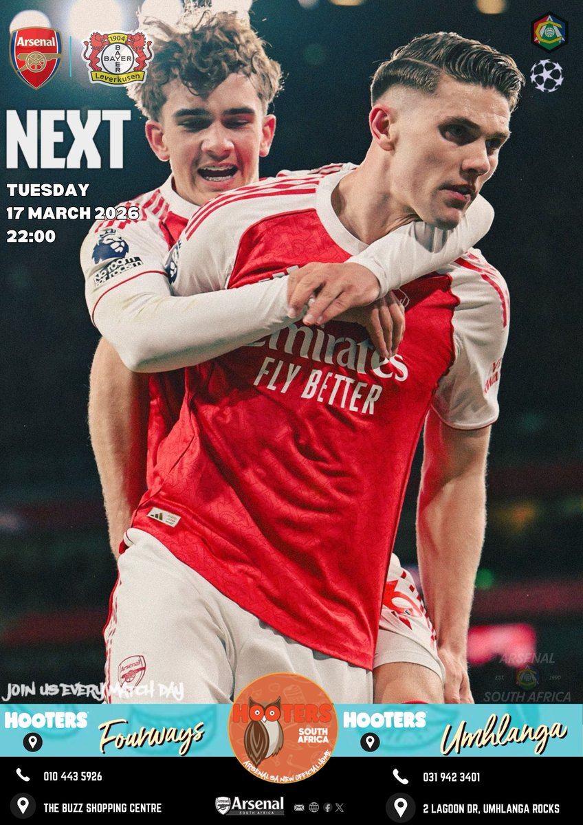 Next up!!!...We face off against Bayer Leverkusen at the Emirates for an all important round of 16 clash  

Join us <a href="/ArsenalSA/">Arsenal South Africa</a>  at <a href="/Hooters_SA/">HootersSA</a>  - Fourways and Umhlanga branches for the match and show support for the <a href="/Arsenal/">Arsenal</a> 

#coyg #arsenal #arsenalsa #ucl