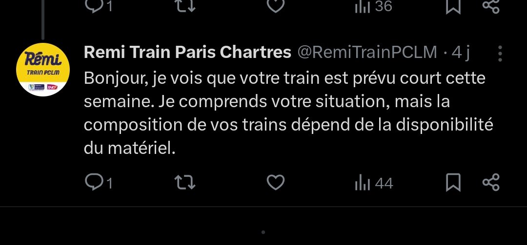 NicolasStophe's tweet photo. @RemiTrainPCLM Votre commentaire nous laissait à penser que le problème des trains courts n'allait durer qu'une semaine. Pouvez-vous nous indiquer pendant combien de temps nous aurons autant de trains courts le soir? https://t.co/vL00tTwWHh