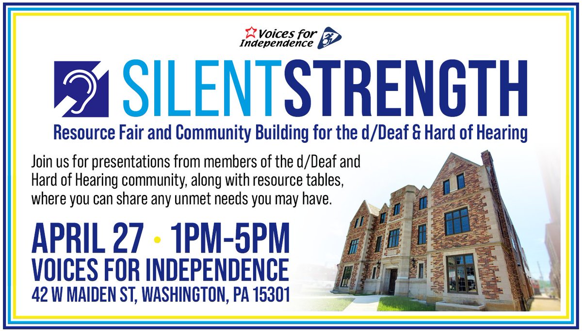VFICIL's tweet photo. 📅 ATTN d/Deaf and Hard of Hearing Washington friends: Voices for Independence is proud to announce our very first SILENT STRENGTH event! Silent Strength is a resource fair and community building event for the d/Deaf and Hard of Hearing, scheduled for Monday, April 27, from 1pm-5pm at our @VFIWashington office! This event will feature presentations from members of the d/Deaf & Hard of Hearing community, along with resource tables, where you can share any unmet needs you may have.

🤝 With limited resources available for the d/Deaf and Hard of Hearing community in Washington County, we're excit­ed to start a networking group that will bring community members together, share resources, & build connec­tions.

🤟 For more information, please call Anissa Thompson at athompson@vficil.org or (724) 223-5115-- Join us and see what Voices for Independence can do for you!