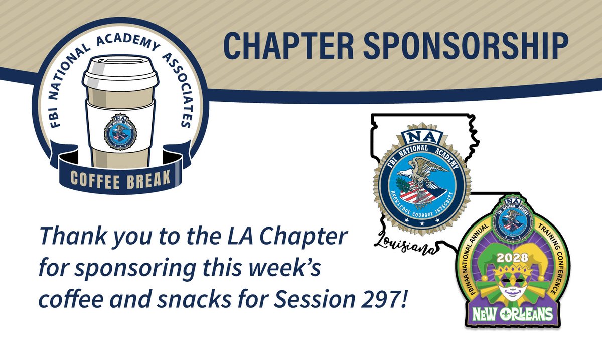 FBINAAQuantico's tweet image. 🎓 It’s Graduation Week and officially Week 10, the final week of Session 297! Thank you to the Louisiana FBINAA Chapter for sponsoring snacks and coffee for our students this week. Your support helps keep everyone energized as they finish strong! 👏 #FBINAA #Session297