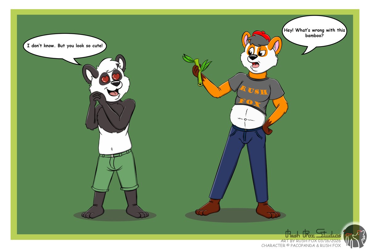 RushKazFox's tweet photo. Paco gave Rush Fox a bamboo branch. Rush was surprised, as the branch transformed him into a panda^ ^

Specially for @panda_paco 

P.S. This drawing is dedicated to International Panda Day🐼

#furry #furryart #toon #cartoonart #panda #transformation #pacopanda #rushfoxstudios https://t.co/jZVwxoGCtz