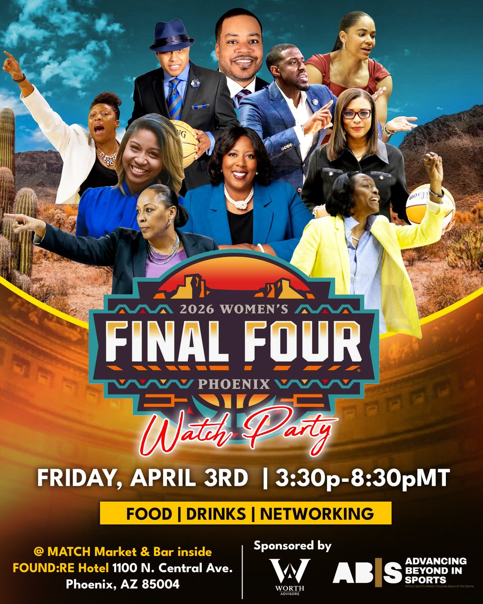 WeAreABIS's tweet photo. Join ABIS &amp; Friends for our Watch Party during the Women's Final Four at MATCH Market &amp; Bar inside FOUND:RE Hotel. DM or email for more details at renae@weareabis.org. SEE YA' in PHX!! https://t.co/U1ZPuMB4I1