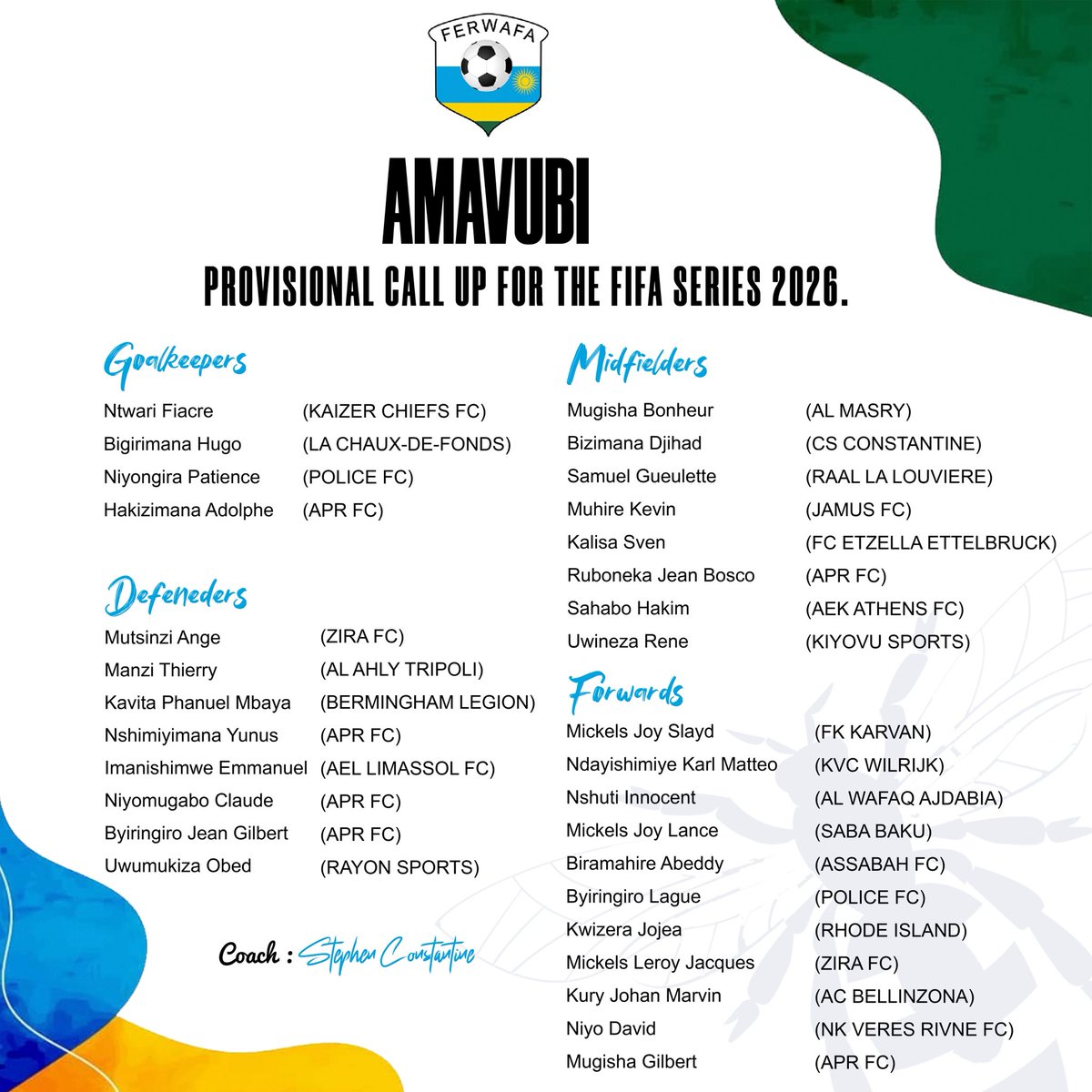 windowintlpod's tweet photo. Here's the prelim squad for Rwanda 🇷🇼 for the #FIFASeries - and there are some really intriguing names here!

🆕 Hugo Bigirimana (Chaux-de-Fonds 🇨🇭)
🆕 Obed Uwumukiza (Rayon Sports 🇷🇼)
🆕 Sven Kalisa (Etzella Ettelbrück 🇱🇺)
🆕 Joy-Slayd Mickels (Karvan 🇦🇿)
🆕 Karl Matteo Ndayishimiye (KVC Wilrijk 🇧🇪)
🆕 Leroy Mickels (Zira 🇦🇿)

Because the squad in November was entirely domestic, there are numerous returnees - we'll highlight a few: Fiacre Ntwari (Kaizer Chiefs 🇿🇦), Emmanuel Imanishimwe (AEL Limassol 🇨🇾), Samuel Guelette (RAAL La Louvière 🇧🇪, last: Mar 2025), Hakim Sahabo (AEK Athens 🇬🇷, last: Mar 2025), Johan Marvin Kury (AC Bellinzona 🇨🇭, last: Oct 2024)