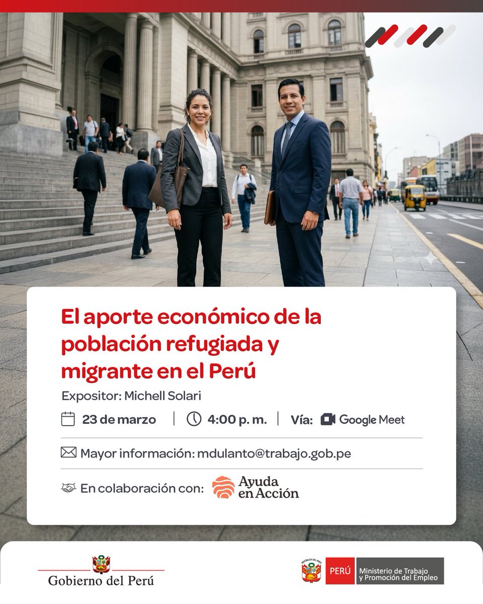 MTPE_Peru's tweet photo. ✨ Participa en la conferencia "El aporte económico de la población refugiada y migrante en el Perú"
📅 23 de marzo
🕒 4 p. m.
📲 Google Meet

👉 Inscríbete aquí: https://t.co/XooipT31QY https://t.co/ew4FLcDtZi