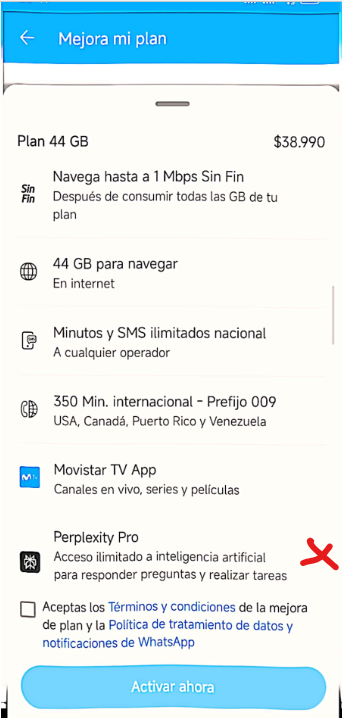 loagalax's tweet photo. @MovistarCo pilas gente, movistar a traves de la app, esta ofreciedo mejora de planes, con licencias de perplexity pro. Activé el plan y ahora aparece que no tengo licencia y no dan respuesta @sicsuper https://t.co/stB8Mc5LS0