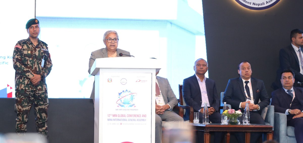 MofaNepal's tweet photo. Rt. Hon. Prime Minister Mrs. Sushila Karki attended the Closing Ceremony of the 12th NRN Global Conference and NRNA International General Assembly held in Kathmandu this evening.

Addressing the Ceremony, the Rt. Hon. Prime Minister congratulated the newly elected Executive Committee of the NRNA and extended her best wishes for a successful tenure. 

The Prime Minister appreciated the important role played by the NRNA in connecting the Nepali diaspora across the world and underscored the significance of mobilising their knowledge, skills, capital and resources in contributing to Nepal’s economic wellbeing and overall development.

Hon. Foreign Minister Mr. Bala Nanda Sharma, who chaired the Organising Committee of the 12th NRN Global Conference and NRNA International General Assembly, also congratulated the newly elected Executive Committee and thanked all concerned for their support and cooperation in making the conference a success.

The three-day conference concluded today with the adoption of the 12-point Kathmandu Declaration.

@pmsushilakarki
@amritrai555 
@lokbchhetri