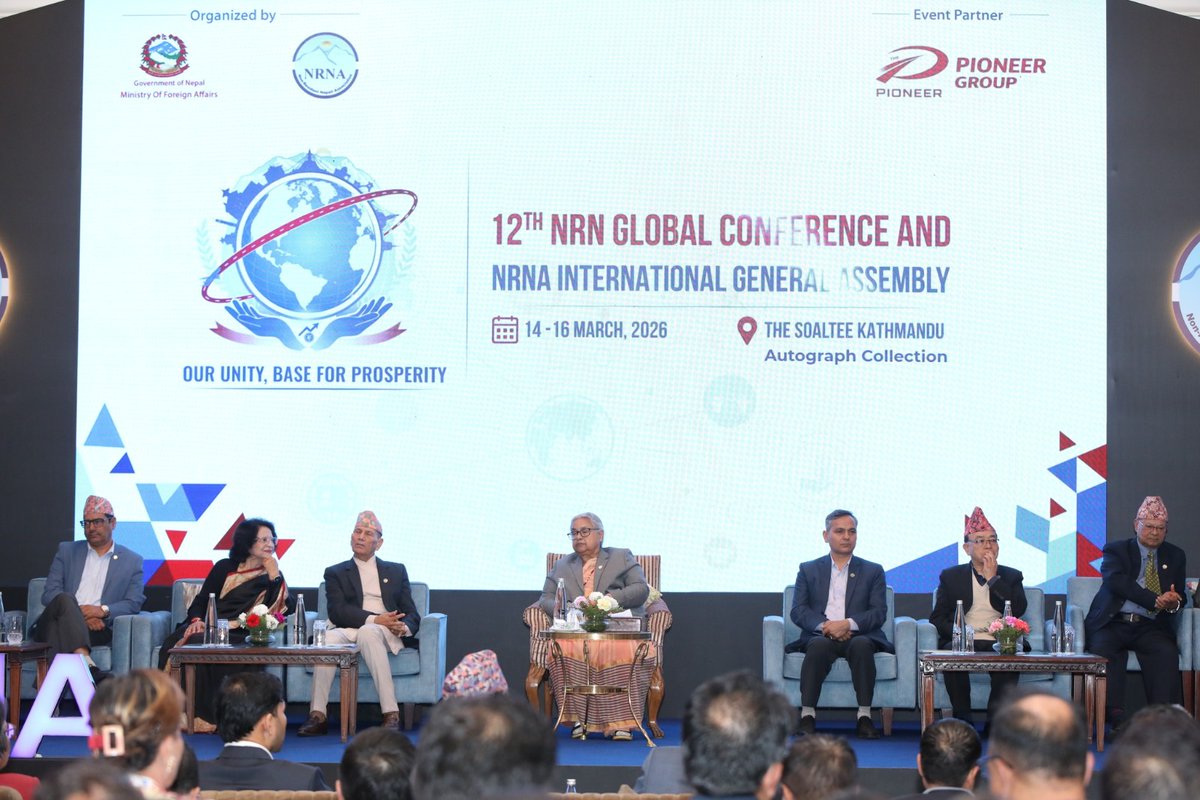 MofaNepal's tweet photo. Rt. Hon. Prime Minister Mrs. Sushila Karki attended the Closing Ceremony of the 12th NRN Global Conference and NRNA International General Assembly held in Kathmandu this evening.

Addressing the Ceremony, the Rt. Hon. Prime Minister congratulated the newly elected Executive Committee of the NRNA and extended her best wishes for a successful tenure. 

The Prime Minister appreciated the important role played by the NRNA in connecting the Nepali diaspora across the world and underscored the significance of mobilising their knowledge, skills, capital and resources in contributing to Nepal’s economic wellbeing and overall development.

Hon. Foreign Minister Mr. Bala Nanda Sharma, who chaired the Organising Committee of the 12th NRN Global Conference and NRNA International General Assembly, also congratulated the newly elected Executive Committee and thanked all concerned for their support and cooperation in making the conference a success.

The three-day conference concluded today with the adoption of the 12-point Kathmandu Declaration.

@pmsushilakarki
@amritrai555 
@lokbchhetri