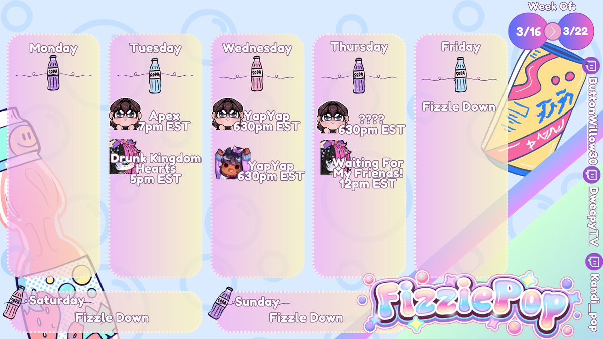 FizziePopVT's tweet photo. 【🫧  Weekly Schedule 🫧】 

Dweepy 💜🖤
Wed 6:30pm
https://t.co/DX9kcGMcOG 

Bunny 🐰🍋
Tue 7pm + Wed 6:30pm + Thu 6:30pm
https://t.co/LXbrRRNYCd 

Kandi ✨🦇
Tue 5pm + Thu 12pm
https://t.co/F0GmyoiJ0z https://t.co/fgyyOCcGZR