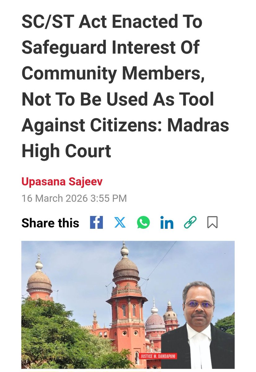 neha_laldas's tweet photo. The Madras High Court has lamented the misuse of the provisions of the SC/ST Act!
Justice M Dhandpani said that while the Act was intended to protect the interests of the SC/ST members, it is now used as a tool against the common citizens! https://t.co/eTyHKajcXr