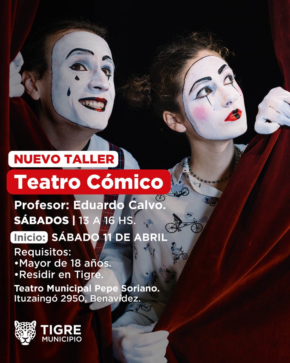 🎭 𝐍𝐔𝐄𝐕𝐎 𝐓𝐀𝐋𝐋𝐄𝐑: 𝐓𝐄𝐀𝐓𝐑𝐎 𝐂𝐎́𝐌𝐈𝐂𝐎
𝐈𝐍𝐈𝐂𝐈𝐎: 𝐒𝐀́𝐁𝐀𝐃𝐎 𝟏𝟏 𝐃𝐄 𝐀𝐁𝐑𝐈𝐋

Una propuesta para explorar el humor y la expresión escénica junto al profesor Eduardo Calvo.

📝 La inscripción es presencial el día y horario de inicio del taller. 🎭