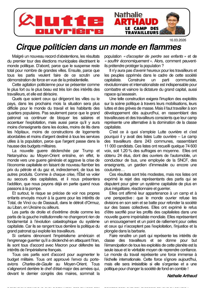 n_arthaud's tweet photo. Entre les deux tours des municipales, le cirque politicien dans un monde en flammes. 
L'édito de cette semaine ⬇️ https://t.co/DfaTz2VRxU