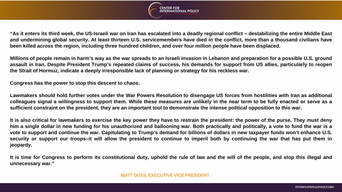 CIPolicy's tweet photo. 🚨NEW STATEMENT | In response to the spread of the US-Israeli war on Iran, CIP's Executive Vice President @mattduss issued the following statement: https://t.co/kDlQI5awmx