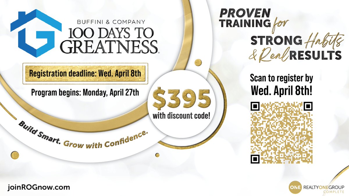 ROGComplete's tweet image. Thrilled to share our ROG-stars can LEVEL UP w/ 100 Days To Greatness offered at huge discount w/ new Brian Buffini partnership! Message for code &amp;amp; visit bit.ly/rog100 to register by 4/8 or visit joinROGnow.com to become a ROG-star!

#joinROGnow #RealtyONEGroup