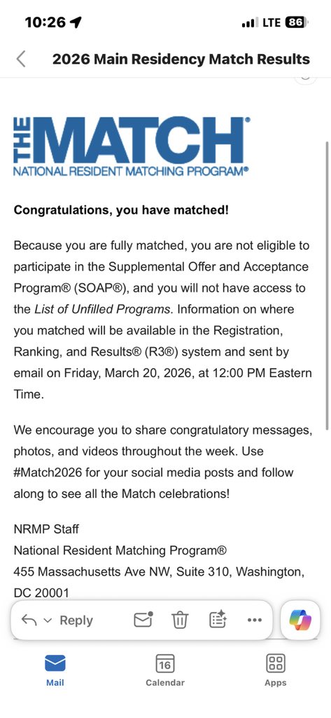 sarahsimcox31's tweet photo. Still processing all of the emotions from this email. I am so excited and grateful to get started on the road to physiatry here in a few months! Can’t wait to see where on Friday! #pmr #match2026 https://t.co/uQiHS7DpxE