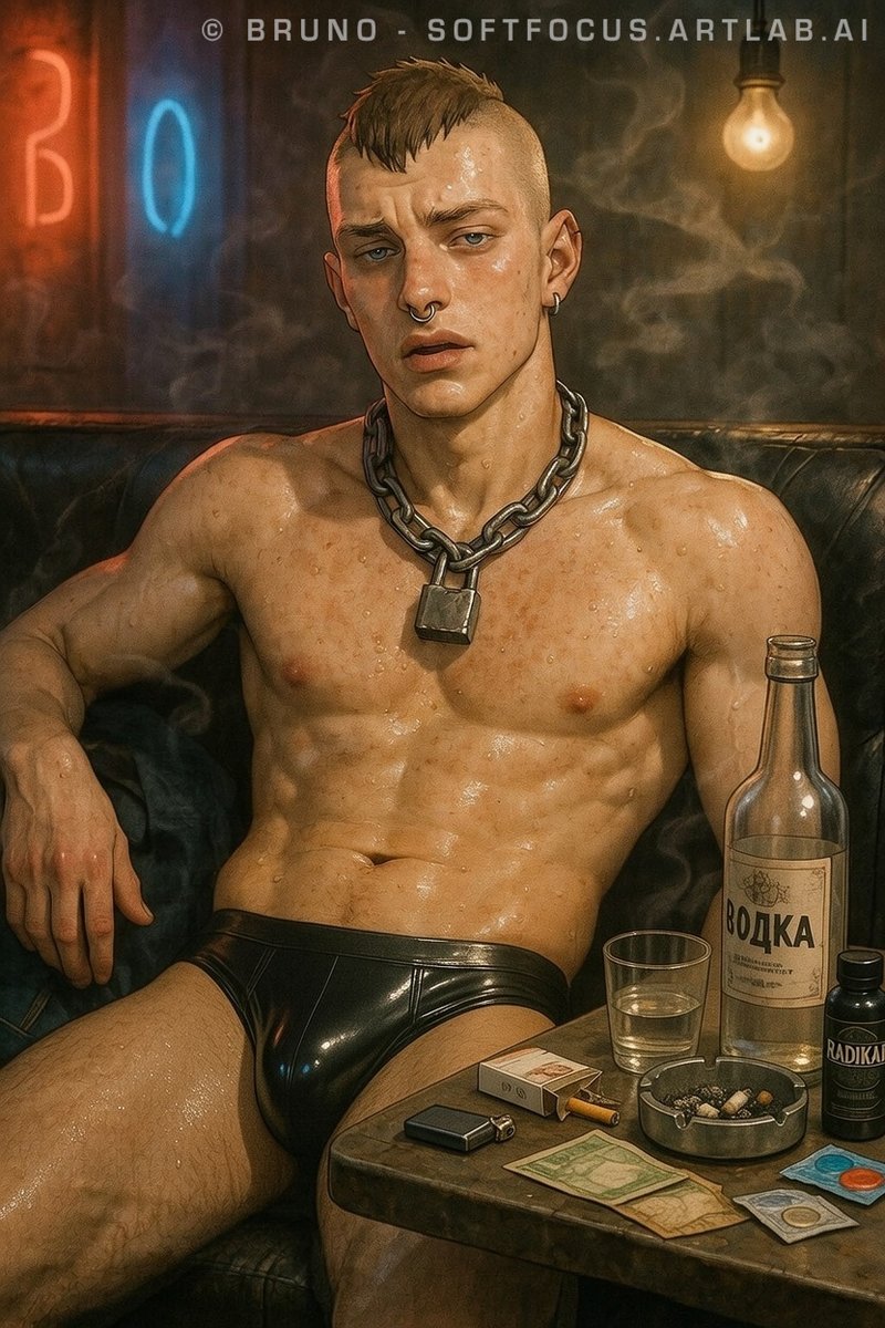 artlab_ai1979's tweet photo. The night goes on in this shady bar.
Maksym keeps pouring vodka after vodka.
He clearly wants a man tonight.
So he slipped into a small shiny leather brief…
and it fits him very well, don’t you think?
#AIart #AIillustration #IndustrialAesthetic #DarkAtmosphere #CharacterDesign https://t.co/B3iycSR48l