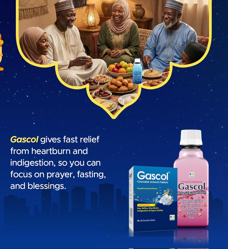 Fidsoncares's tweet image. This Ramadan, let nothing take away your peace.
Don’t let post-Iftar heartburn or indigestion slow you down. Get fast, effective relief with Gascol tablets and suspensions, so you can focus on what truly matters: prayer, fasting, and family. 🤲🏾✨
#Ramadan #Heartburn #FastRelief