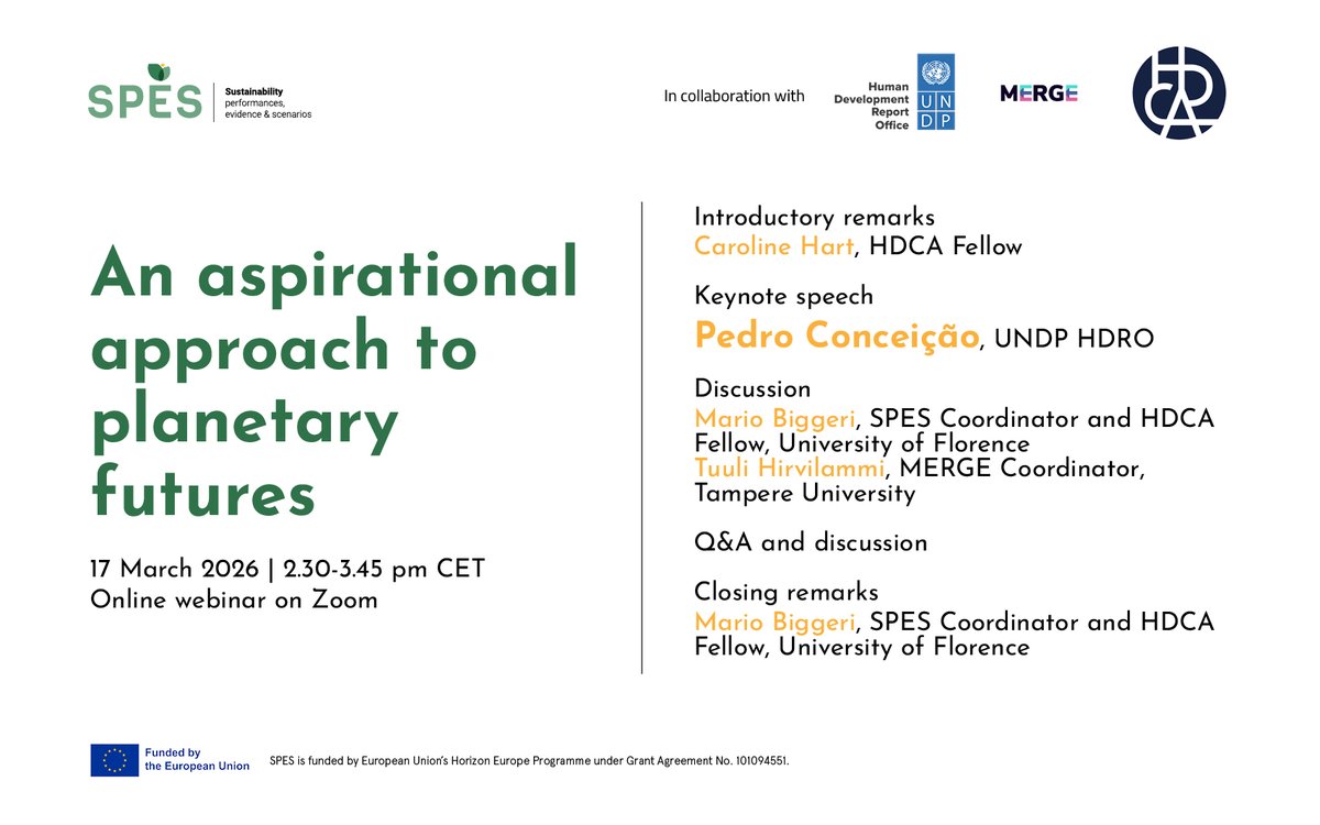 HDRUNDP's tweet image. REGISTER NOW! 📝

A webinar on “An aspirational approach to planetary futures”—hosted by #SPES, #MERGE, @CapabilityApp, and @HDRUNDP—is just around the corner.

📅 Date: Tuesday, 17 March 
⏰ Time: 2:30 PM CET / 9:30 AM EDT 
 
🔗 Register: 
us02web.zoom.us/meeting/regist…
The webinar