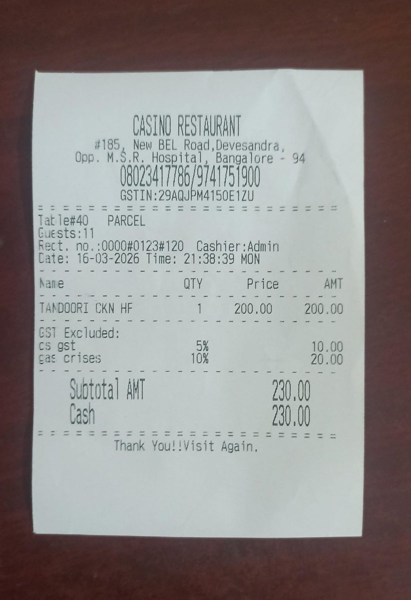 alfagodwin's tweet photo. Restaurants in Bengaluru adding 10% “Gas Charges” on bills due to #LPGshortage and rising commercial cylinder prices. Transparency or passing the crisis to customers? Authorities must clarify. 
#Bangalore #LPGCrisis #GasCharges #RestaurantBills #ConsumerRights #IndiaGasIssue https://t.co/hI9UBW0wHU