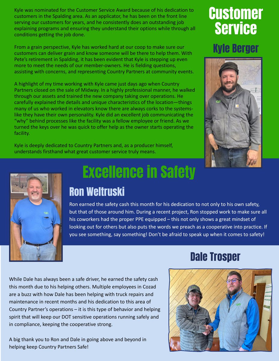 CountryPartner's tweet photo. Thank you to Kyle Berger for delivering exceptional customer service, and to Ron Weltruski and Dale Trosper for their excellence in safety!

At Country Partners, these values are at the heart of what we do, and we’re grateful for employees who bring them to life every day. https://t.co/vU5Ez4BETe