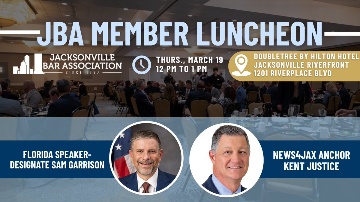 myjaxbar's tweet photo. 🍽 REGISTER NOW FOR MARCH JBA MEMBER LUNCHEON! 🍽 

We've got a truly special Jacksonville Bar Association Member Luncheon coming up this week with not one, but TWO guest speakers! 

1/

https://t.co/hXbNCc4RFQ https://t.co/crQ7xZIJvY