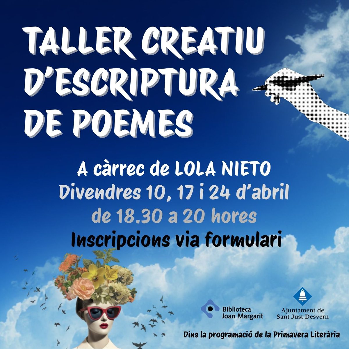 BibJoanMargarit's tweet photo. Taller creatiu d'escriptura de poemes amb Lola Nieto✍️
Entra en contacte amb la teva veu poètica! 3 sessions presencials:
- Divendres 10, 17 i 24 d'abril, de 18.30 a 20h.
Inscripcions https://t.co/fAOtrt8fWv
#BJM #taller #poesia #PrimaveraLiteraria #activitats #cultura #SantJust https://t.co/tivOAKwyV2