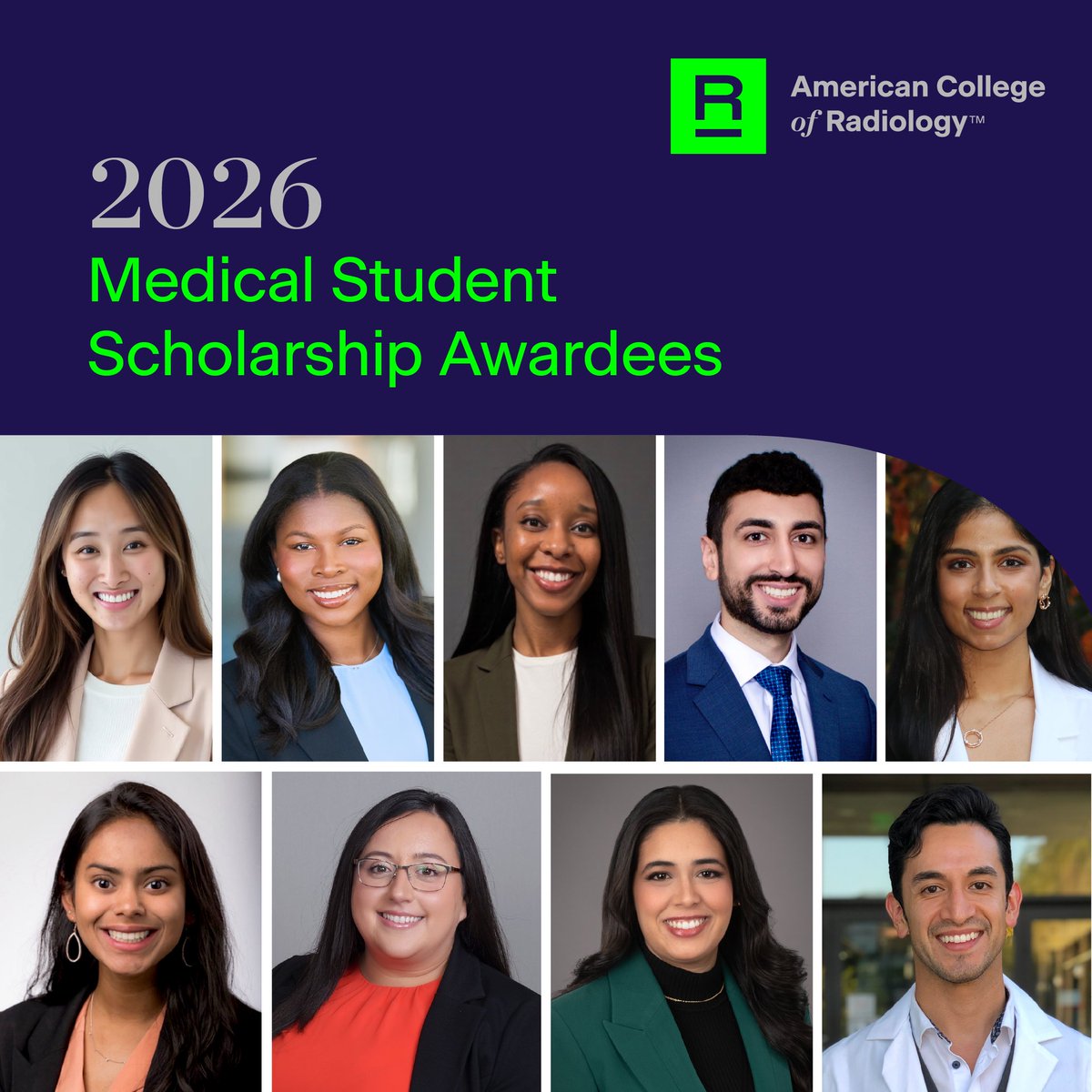 RadiologyACR's tweet image. Join us in congratulating our 2026 Medical Student Scholarship Awardees:

An Hoang, BS
@LehiAcosta
Crystal Chukwurah, BSc
@desiredmoore
@lasya_daggumati
Ahmed Salti, BS
@leyra_vazquez
Janay Rocha, BS
@miriam_chisholm

We look forward to seeing everyone at #ACR2026 in May! #ACRMSS
