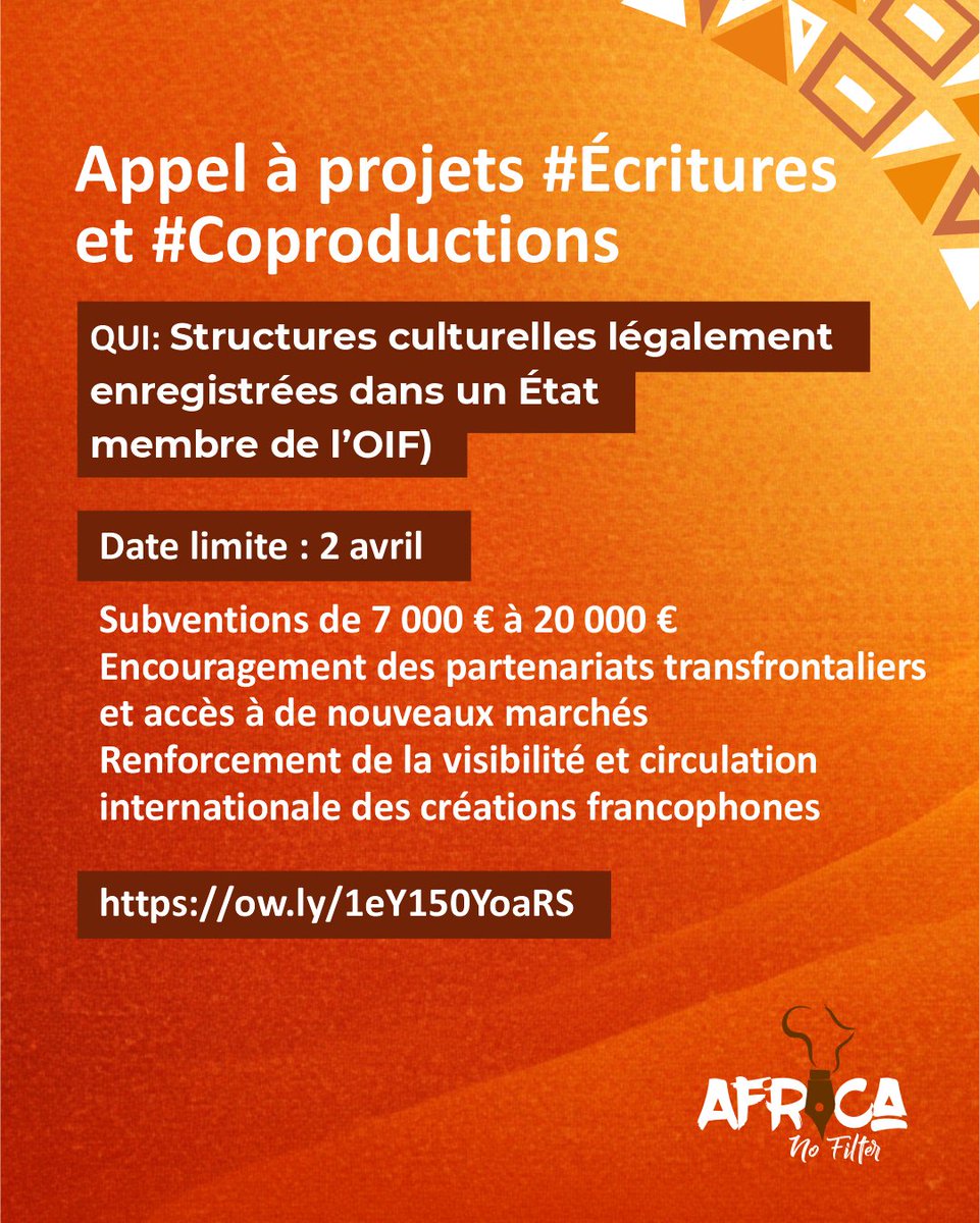 anffrancais's tweet photo. 2. Appel à projets #Écritures et #Coproductions
👉🏿Subventions de 7 000 € à 20 000 €
👉🏿Encouragement des partenariats transfrontaliers et accès à de nouveaux marchés
👉🏿Renforcement de la visibilité et circulation internationale des créations francophones
Date limite :2 avril
🔗https://t.co/Ud5aggVUAR