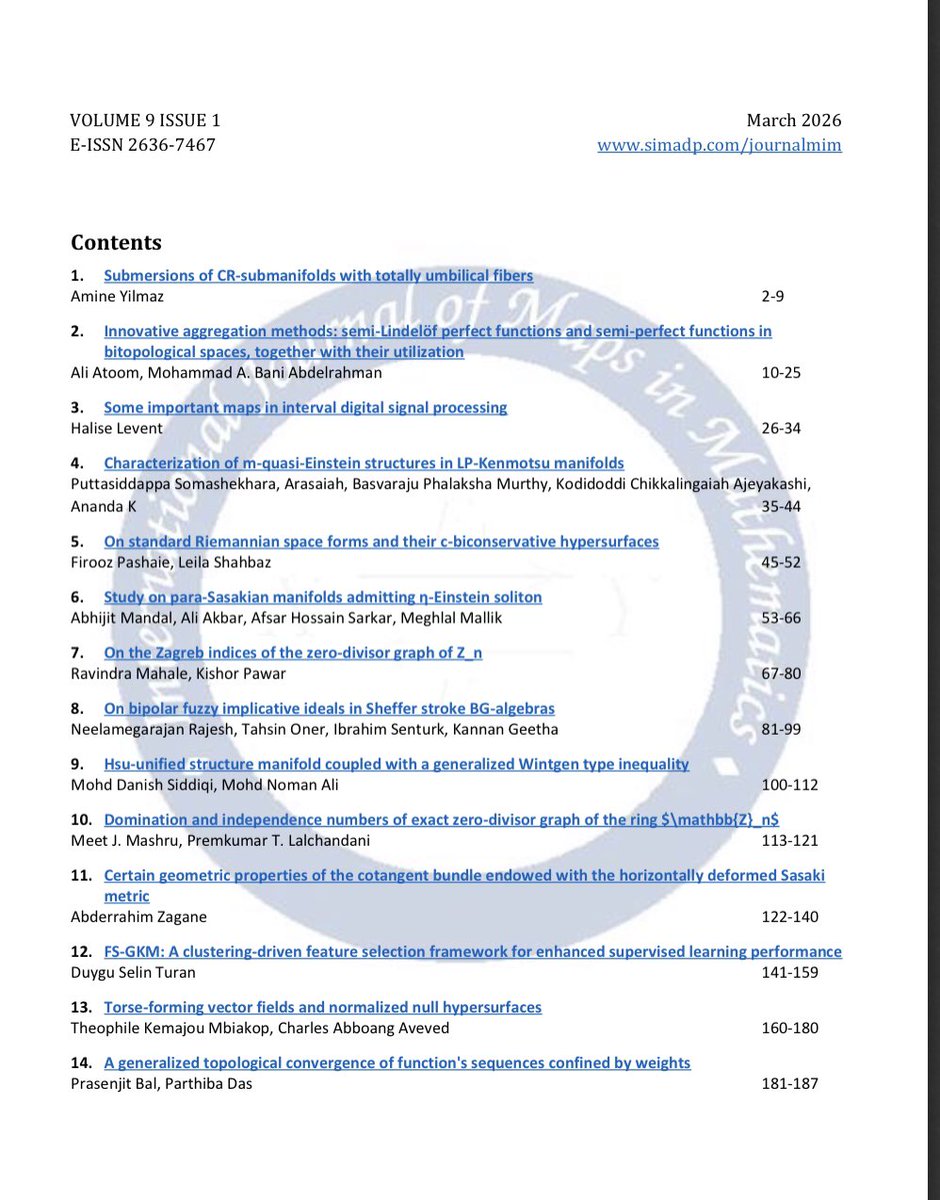 JournalMaps's tweet photo. The first issue of the International Journal of Maps in Mathematics for 2026 has been published. Click here https://t.co/2RjkaFXjdz
to read the articles in this issue of the journal. https://t.co/SQ2EVwTSWu