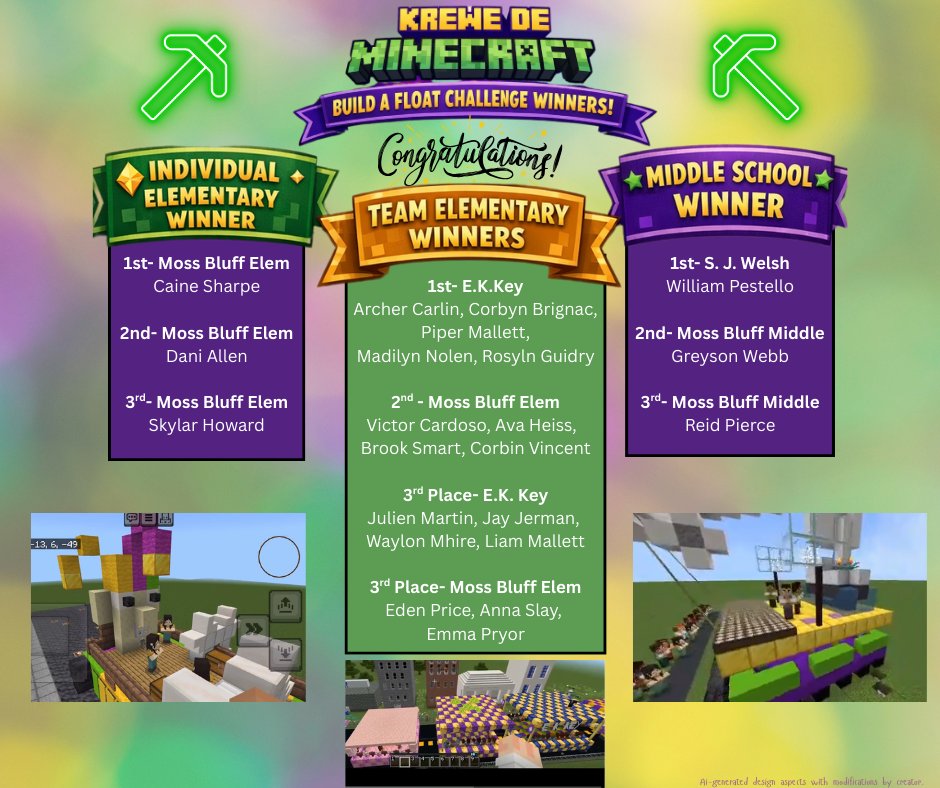 CPSB_TTC's tweet photo. 🎭🎉 Congratulations to Our Krewe de Minecraft Winners! 🎉🎭
Students showcased incredible creativity and design skills in the Minecraft Education Platform. Great job to the 65 students who participated and brought the spirit of Mardi Gras to life through their builds!💜💛💚 https://t.co/Uye2S709K5