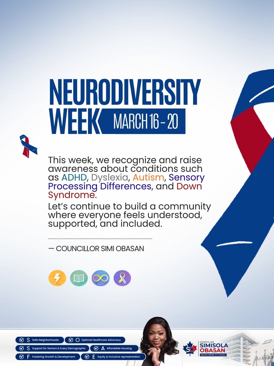councillorsimi's tweet image. This week is Neurodiversity Week (March 16–20).

A reminder that different minds bring different strengths.
Let’s continue building a community where everyone feels seen, supported, and included.

#NeurodiversityWeek #InclusiveCommunity #Airdrie