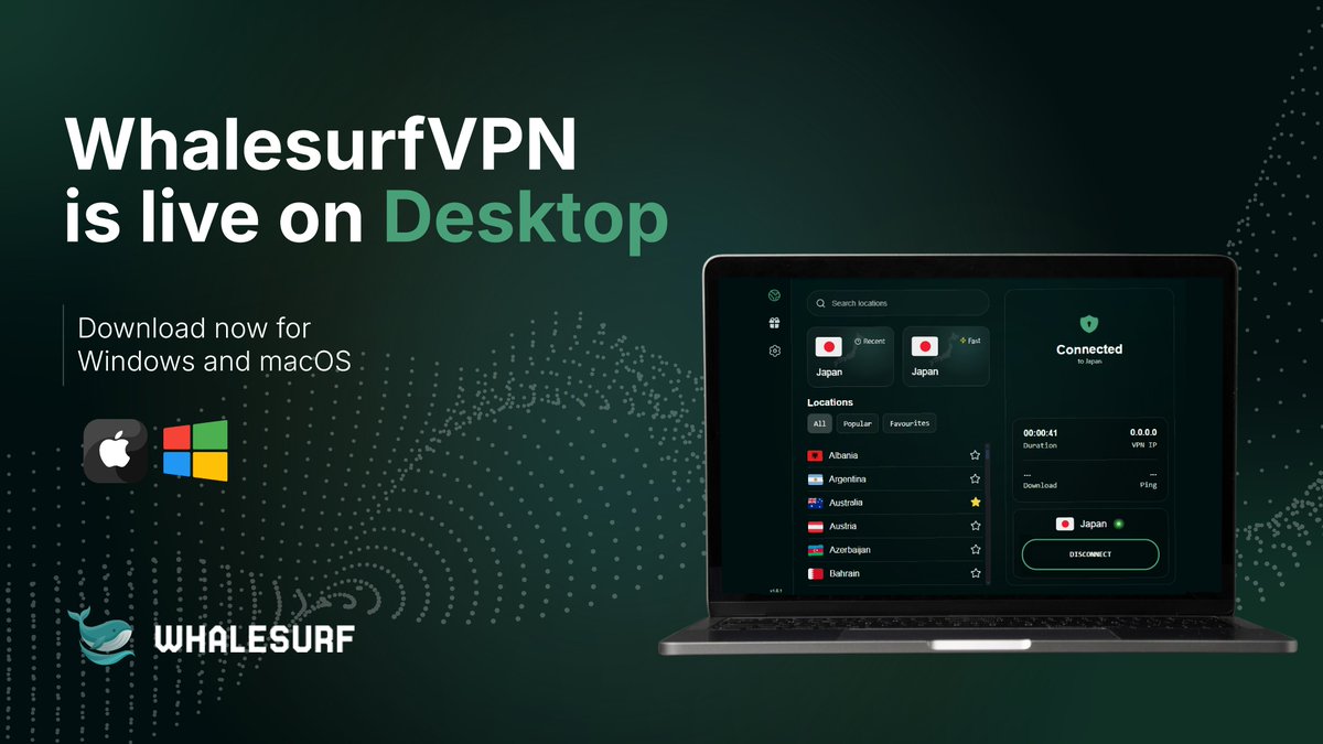 WhalesurfVPN's tweet photo. Whalesurf has landed on desktop.
Windows and macOS apps are live.
Download WhalesurfVPN today 👇 https://t.co/d6s1MUzTJH